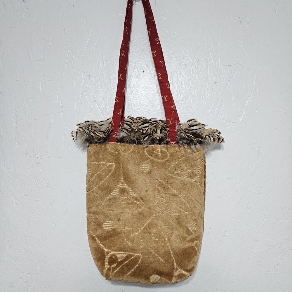 SHERIE D GILES Designs Purse Handbag Bucket Hobo Gold Red With Margarita Glasses